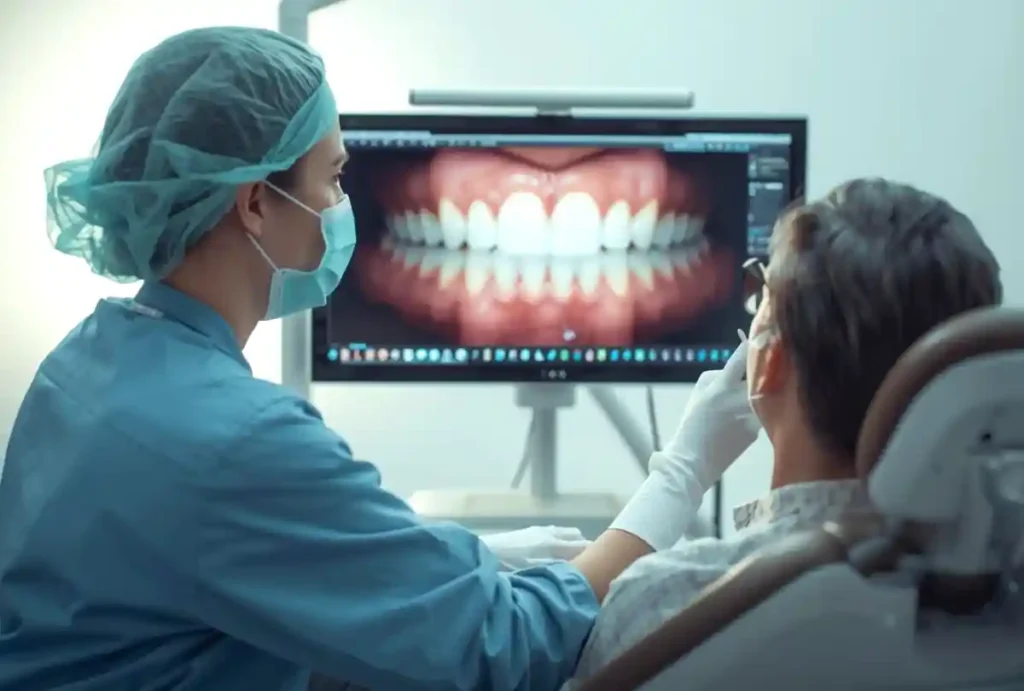 pani stomatolog w chirurgicznej maseczce spogladająca w monitor i badająca uzębienie pacjentowi siedzącemu na fotelu stomatologicznym (1)